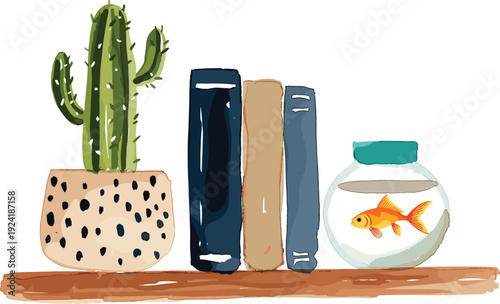 Cozy home decor shelf with cactus plant, books and goldfish bowl, minimalist interior still life, flat vector illustration isolated on white