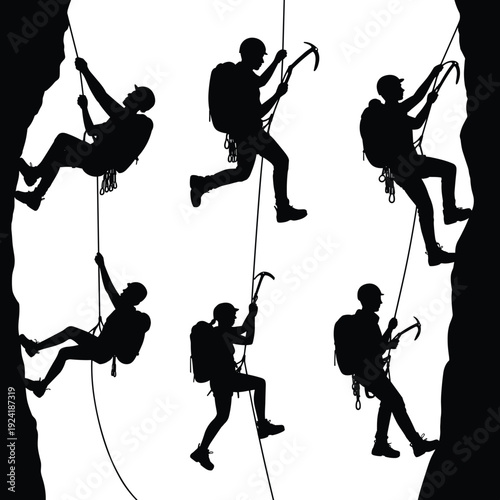 Rock climber silhouette set showing rope climbing and rappelling actions, mountaineering and adventure sport concept, extreme outdoor activity vector illustration isolated on white