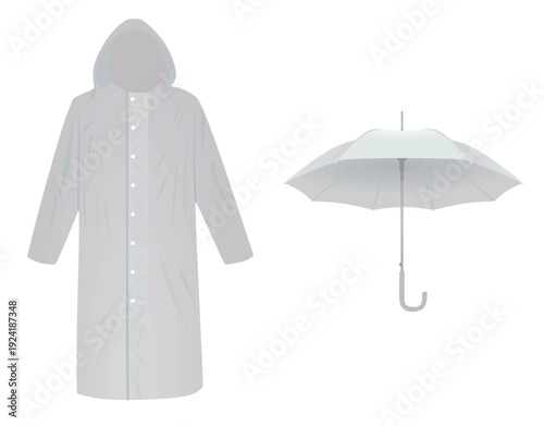 White rain coat and umbrella. vector illustration
