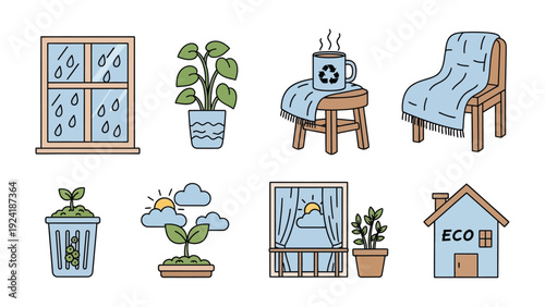 Eco-Friendly Home Elements: A curated collection of illustrated eco-conscious home elements, including rain-streaked windows, potted plants, a recycling mug, and cozy seating.