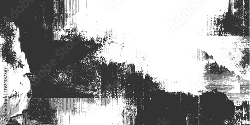 Abstract monochrome textured background with dark gray and white distressed patterns and digital glitch effects