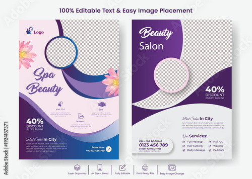 Professional beauty salon spa A4 flyer poster template for skin care nail salon advertising, luxury wellness yoga meditation leaflet brochure cover print ready design promotion