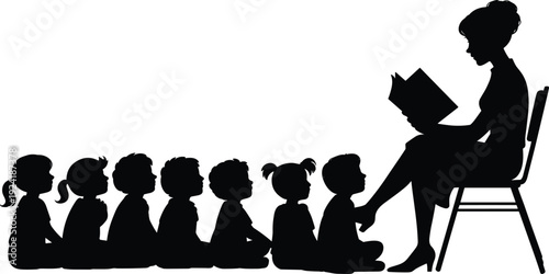 Teacher reading book to seated children silhouette, classroom storytelling and early childhood education concept, preschool learning scene, black vector illustration isolated on white