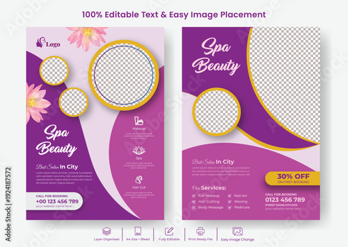 Elegant spa and beauty salon A4 flyer poster template for skin care nail salon promotion, luxury wellness yoga meditation leaflet brochure cover design advertising print