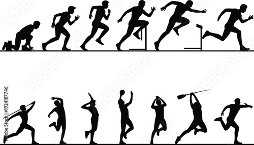 Track and field athletics silhouette set showing sprint start, hurdling, jumping, and throwing actions, dynamic sport movement icons, black vector illustration isolated on white