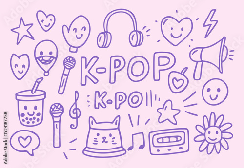 Hand Drawn K-Pop Music Doodle Illustration with Cute Cartoon Elements