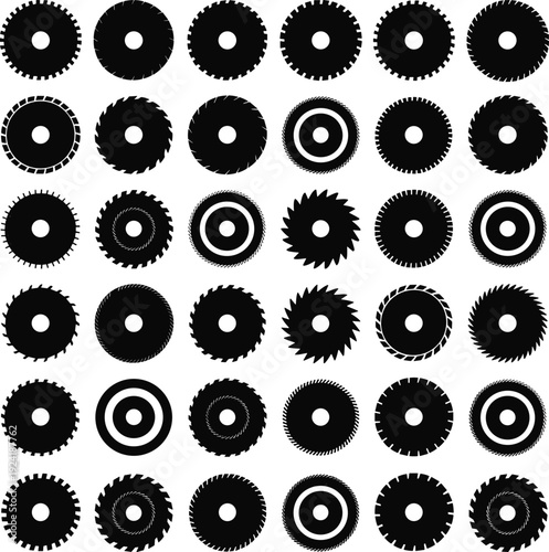 Black circular saw blade silhouette set with multiple tooth styles, industrial cutting tool icons, woodworking and metalwork equipment vector illustration isolated on white