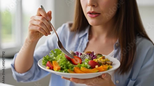 Woman enjoying a healthy salad with fresh vegetables and fruits