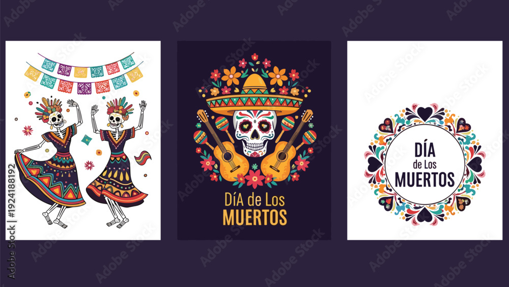 Naklejka premium Day of the Dead celebration banners feature traditional Mexican motifs including dancing skeletons sugar skulls and festive floral wreaths.