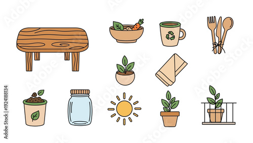 Eco-Friendly Icon Set: A collection of charming, hand-drawn icons showcasing sustainable living, featuring a wooden table, fresh salad bowl, eco-friendly mug, wooden cutlery, potted plants.