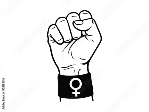 Feminist symbol fist raised with female sign on wristband, representing empowerment and strength, vector illustration.