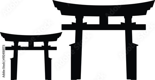 Japanese torii gate silhouette set in different sizes, traditional Shinto shrine entrance symbols, minimalist black cultural architecture vector illustration isolated on white