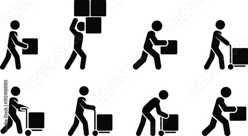 A series of stick figures demonstrating various ways to lift and move boxes.