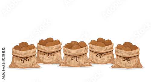 Five burlap sacks filled with brown potatoes are arranged in a horizontal line against a plain white background with soft shadows underneath.