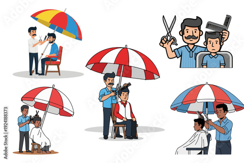 Barber Cutting Hair in Various Situations – Indoor and Outdoor Haircut Vector Illustration Set 