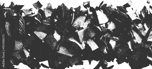 Abstract monochromatic texture of sharp jagged fragments and scattered dots black white pattern