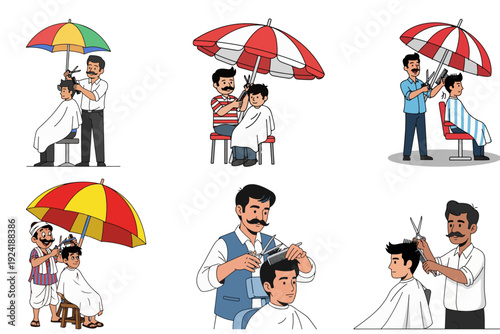 Barber Cutting Hair in Various Situations – Indoor and Outdoor Haircut Vector Illustration Set 