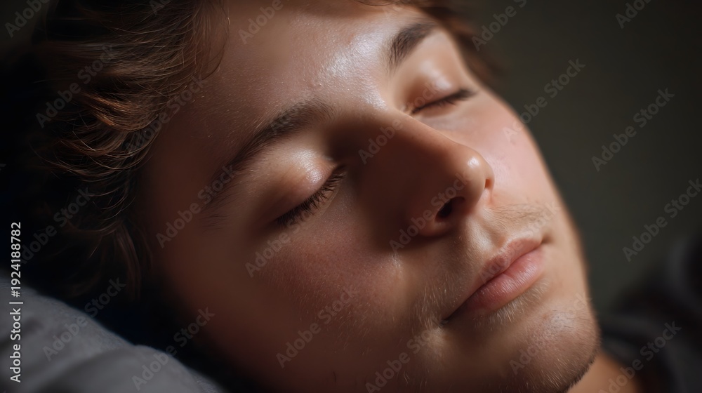 Fototapeta premium Young person sleeping peacefully eyes closed in a moment of quiet repose