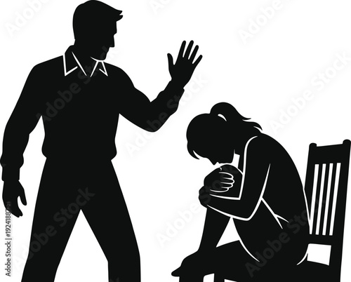 Domestic violence silhouette scene, angry man threatening seated woman isolated on white background social issue awareness vector illustration