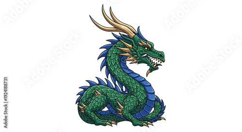 A detailed green dragon with blue dorsal fins and golden horns is coiled in a resting position on a white background showing scale patterns.