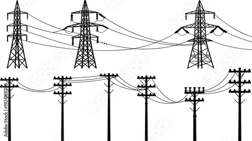 Electric power transmission tower and utility pole silhouette set showing electricity distribution, energy infrastructure network system