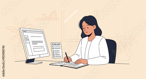 woman working on computer and writing notes.