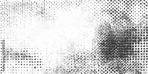 Black and white halftone dot pattern with grunge texture and scattered speckles