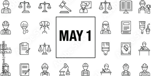 Labor day may 1 banner with worker icons and job symbols set including construction tools and professional equipment for international workers day celebration on grid transparent background art