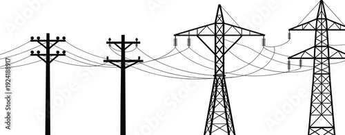 Electrical transmission and distribution poles and towers vector illustration showing utility infrastructure, power lines, energy supply, isolated background design.