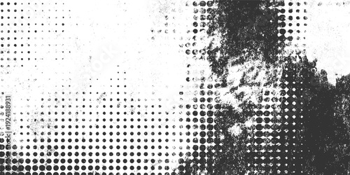Black and white halftone dot pattern with grunge texture and abstract shapes dots
