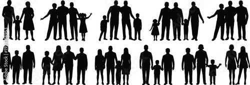 "Family silhouette vector icons set with parents, children, diverse family groups, unity, love, relationships, demographic, social design"
