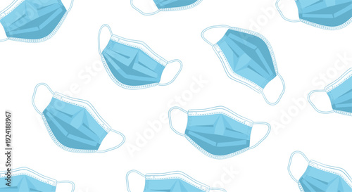 A repeating pattern of light blue disposable surgical face masks with white ear loops is scattered diagonally across a plain white background.