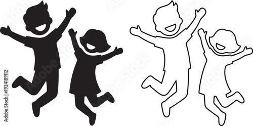 Happy boy and girl jumping in celebration icon for childhood development and school achievement programs illustrating youthful joy, physical activity, and friendship in education.