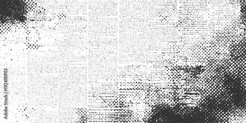 Black and white textured background with dense text and halftone pattern