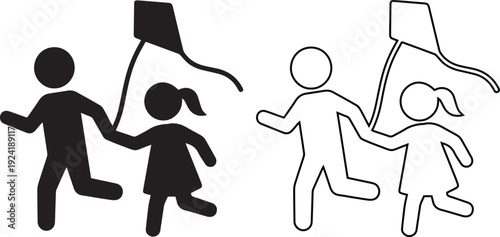 Happy children flying a kite icon for family recreation marketing and childhood development programs illustrating outdoor play, summer activities, and youthful freedom in the park.