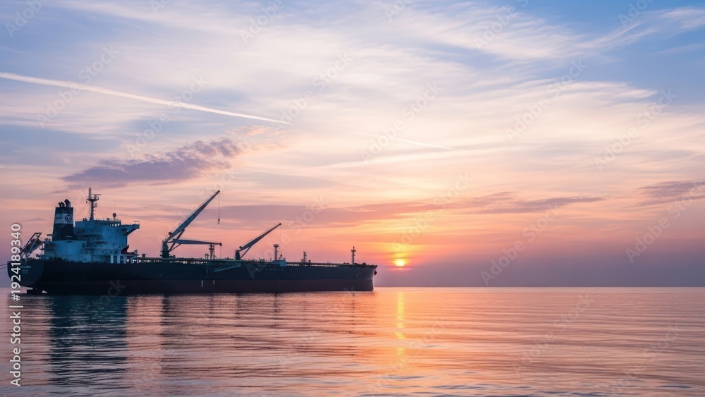 Fototapeta premium Cargo ship silhouette on calm water at sunset transportation logistics
