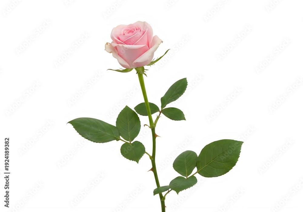 Obraz premium Single pink rose with green leaves isolated on transparent background