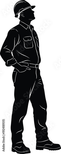 PrintSilhouette of professional industrial workers in hardhats and a student using a laptop,