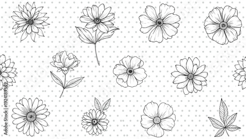 Detailed floral pattern consists of various hand drawn line art blossoms on a light background with subtle gray polka dots.