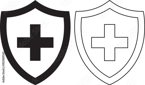 Medical protection shield icon with a cross for healthcare insurance branding and first aid safety projects illustrating hospital security, emergency care, and clinical defense.