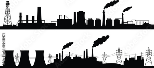 Industrial factory skyline silhouette set showing power plant, oil refinery, energy production, manufacturing industry concept