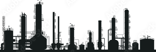 Industrial refinery silhouette vector illustration with distillation columns, storage tanks, piping systems, chemical plant architecture, complex infrastructure, isolated background.