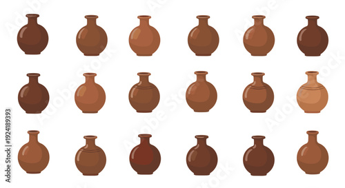 Eighteen various brown ceramic vases are arranged in a three by six grid pattern against a solid white background in a horizontal composition.