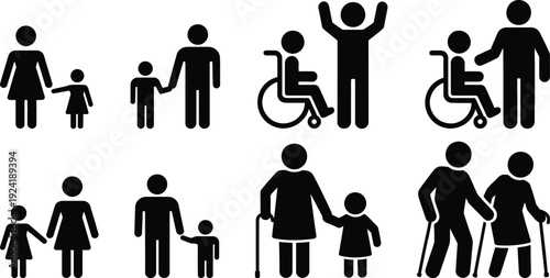 Various human figures representing different family structures and abilities.