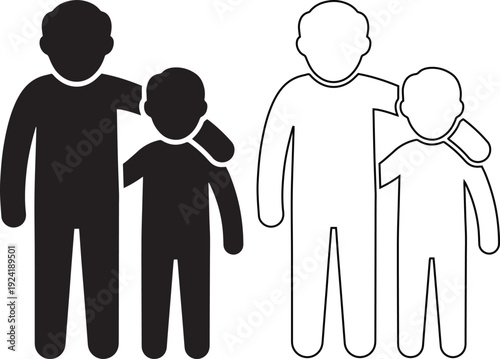 Minimalist father and son silhouette icon for family support services and parenting education materials illustrating mentorship, generational bonding, and childhood development programs.