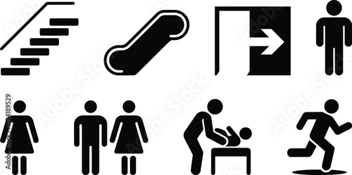 A series of pictograms depicting various human figures and navigation elements.