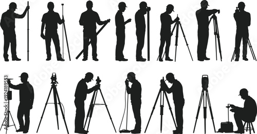Land surveyor silhouette set with equipment showing engineering measurement, construction surveying, geodesy, mapping, field work