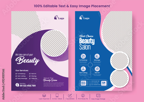 Luxury beauty salon spa A4 flyer poster template showcasing skin care nail salon services, wellness yoga meditation brochure cover leaflet advertising design marketing promotion template