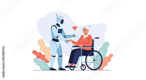 Compassionate robot caregiver provides assistance and companionship to a senior woman in a wheelchair, symbolizing the future of AI in healthcare and eldercare.