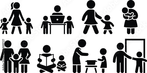 Various family activities and roles depicted through simple stick figures.